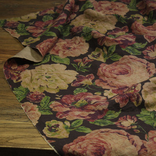 瓦娜家原创大花朵21支水洗纯亚麻印花布料连衣裙袍子衬衫服装面料