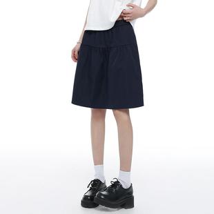 2025新款 藏青色松紧半身裙短裙女夏季 高腰显瘦宽松休闲a字裙伞裙