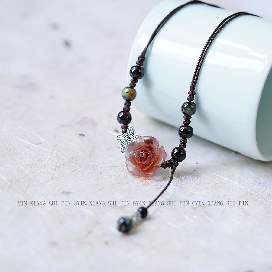 陶瓷玫瑰编织项链女2024年新款爆款时尚复古配饰可抽拉长款锁骨链