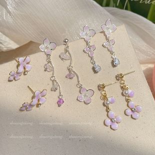 夏季清新紫阳花耳环女新款银针轻奢小众甜美绣球花瓣长款流苏耳环