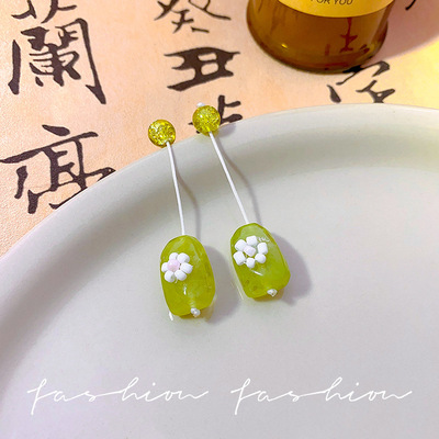 网红S925银针新中式绿色花朵耳环女长款时尚森系古风网红耳坠耳饰