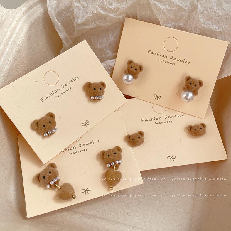 秋冬咖色植绒小熊珍珠耳环女银针可爱卡通甜美精致毛茸茸冬季耳饰