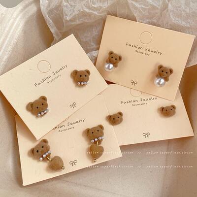 秋冬咖色植绒小熊珍珠耳环女银针可爱卡通甜美精致毛茸茸冬季耳饰