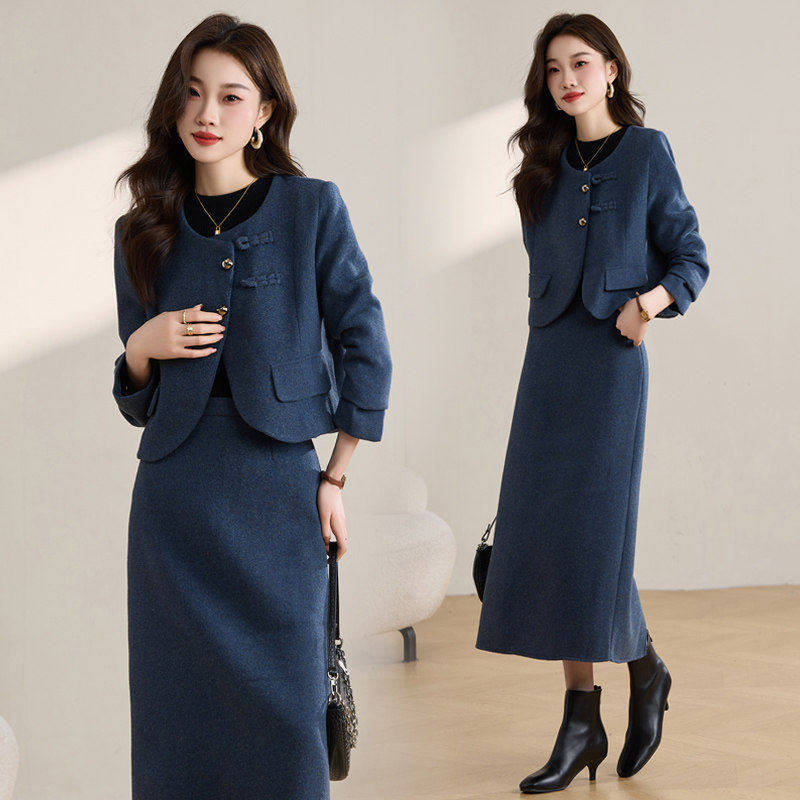 小香风毛呢套装裙新款名媛气质羊毛呢外套半身裙两件套
