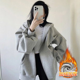 秋冬加绒加厚灰色卫衣外套女春秋款连帽运动套装开衫女款2026新款