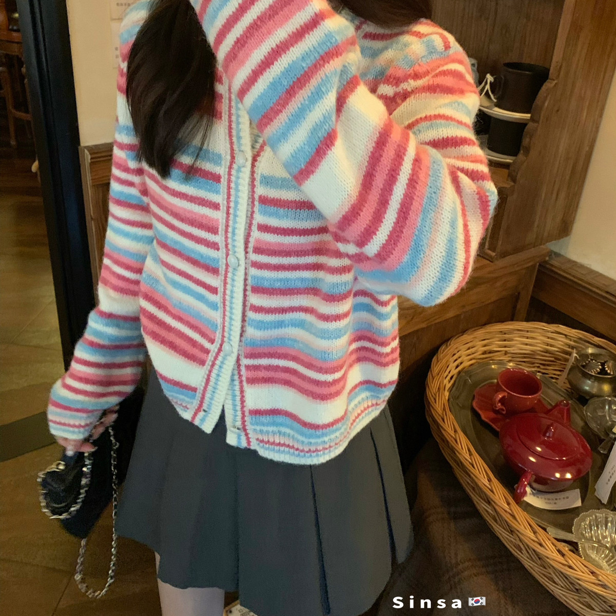 温柔风彩色条纹针织开衫女韩系宽松减龄日常百搭长袖外穿小外套