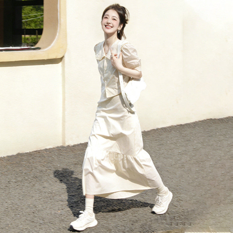 爆款白色娃娃领衬衫女2026夏季新款显瘦百搭半身裙休闲两件套套装