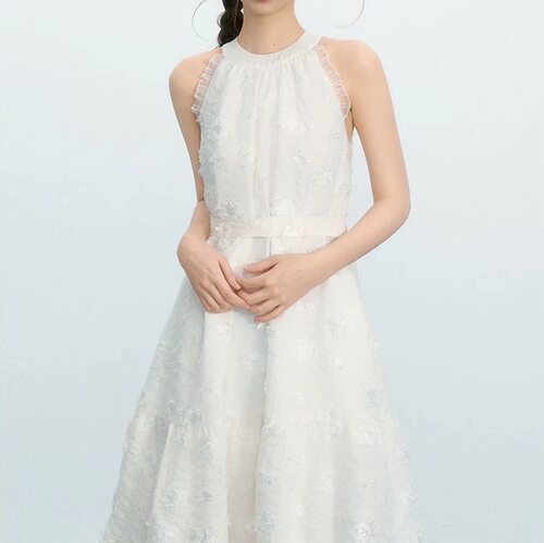 umoumo乌蘑原ntot法式温柔风白色流苏肌理提花挂脖抽皱连衣长裙