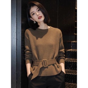 新款复古圆领系带收腰针织衫女士长袖显瘦高级感时尚上衣