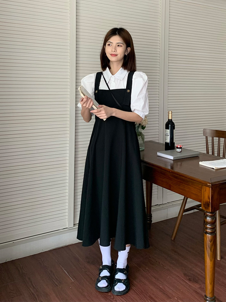 梨形身材大码遮肚显瘦夏季新款宽松百搭背带裙胖妹妹mm黑色连衣裙