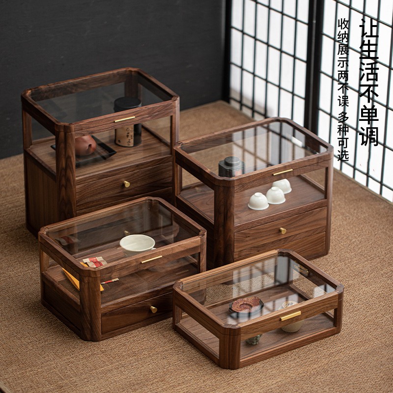 黑胡桃实木茶具收纳盒桌面防尘柜图片