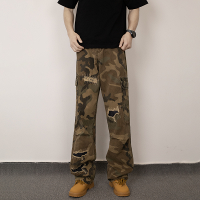 美式复古迷彩破洞宽松工装裤男