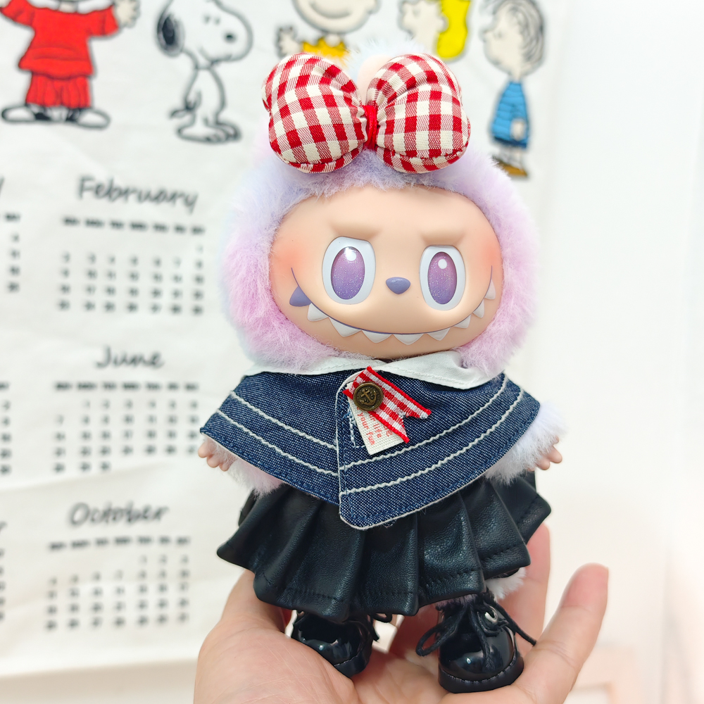 前方高能3代拉布布搪胶挂件labubu3.0幸运牛仔披肩娃衣服着替裙子