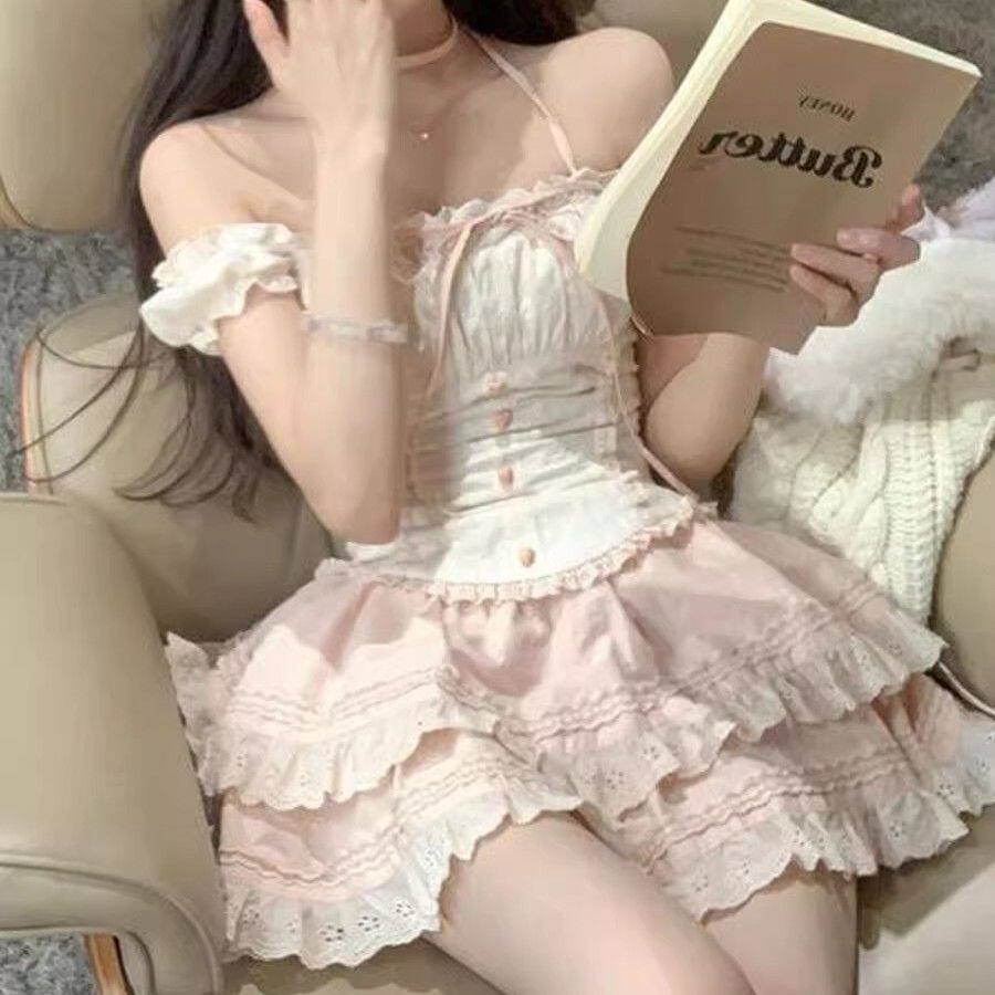 夏季甜美穿搭气质套装女新款一字肩上衣蓬蓬短裙子两件套