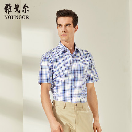 雅戈尔夏季新款男士官方商务休闲纯棉修身格子薄衬衣短袖衬衫男