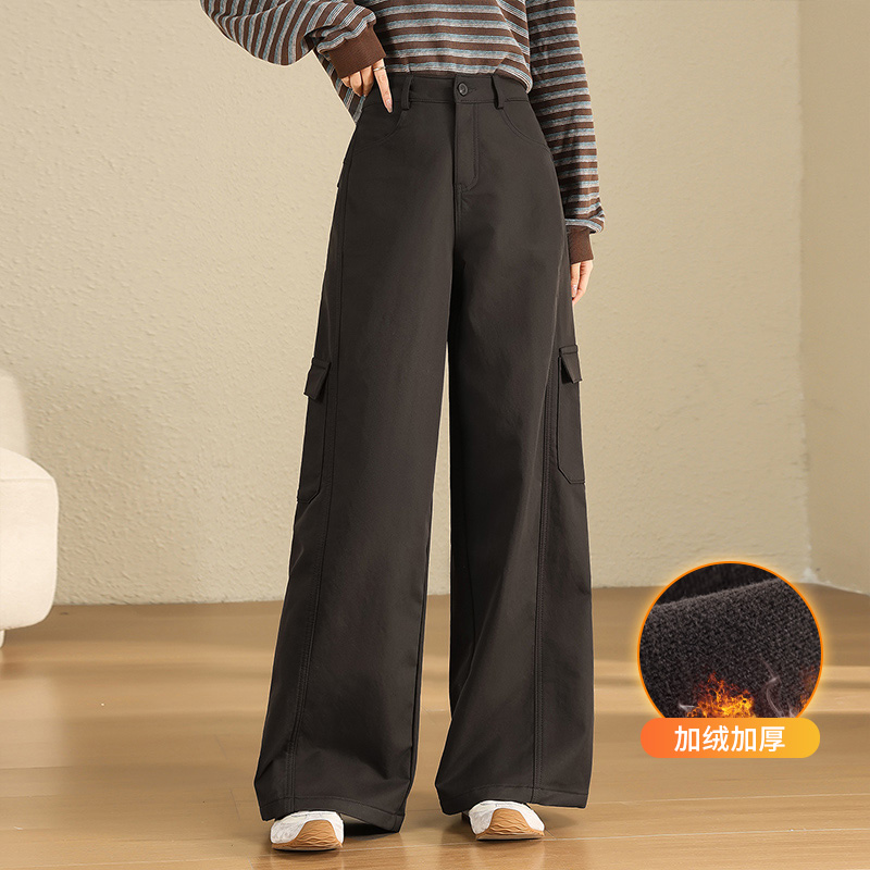 加绒加厚口袋工装裤女2025秋冬新款高腰宽松显瘦松弛感休闲阔腿裤