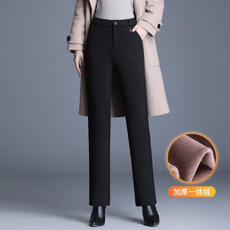 高腰加绒裤女宽松加厚保暖2023秋冬新款休闲直筒中年时尚阔腿西裤