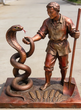 农夫与蛇铸铜玻璃钢仿铜雕像定制