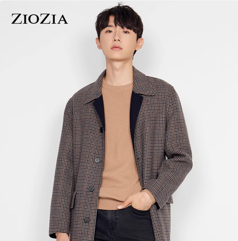 ZIOZIA男士休闲版型格纹大毛呢大衣