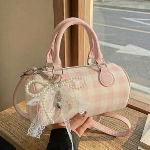 枕头包女2026新款手提圆筒包百搭可爱格子单肩包气质洋气斜挎包潮