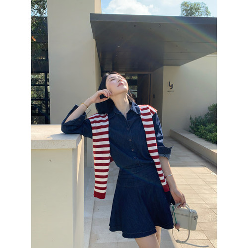 甜辣多多 100棉 复古老钱牛仔衬衫上衣百褶半身裙两件套女Z3687