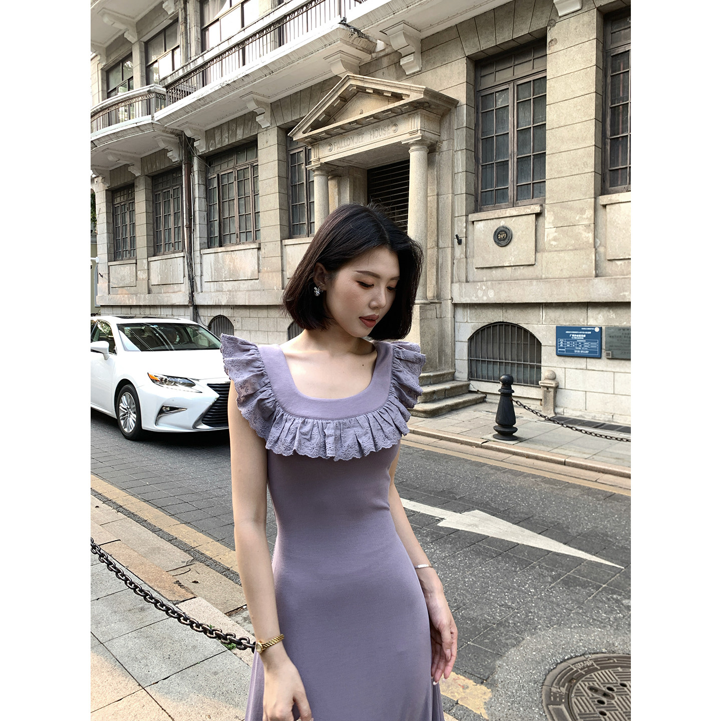 甜辣多多 小飞袖针织连衣裙26夏荷叶边气质收腰背心长裙女S2721