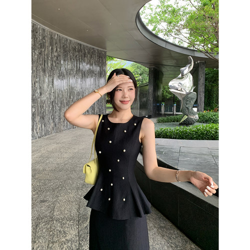 甜辣多多 气质通勤两件女夏钉珠无袖收腰鱼尾上衣+A字半身裙S2748