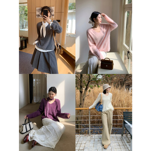 甜辣多多 拉毛含山羊绒上衣女2026秋慵懒绵羊毛无缝一体毛衣W9935