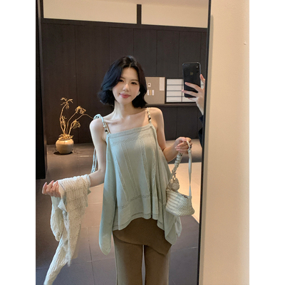 甜辣多多 刺绣波西米亚串珠不规则针织背心吊带/开衫W9813+9812