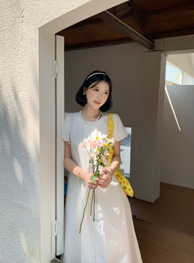 甜辣多多 2026春夏新款韩系圆领泡泡袖纯色宽松短袖连衣裙女Z3739