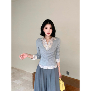 甜辣多多 2026春荡领假两件拼接修身格纹针织衬衫长袖上衣女Z3701