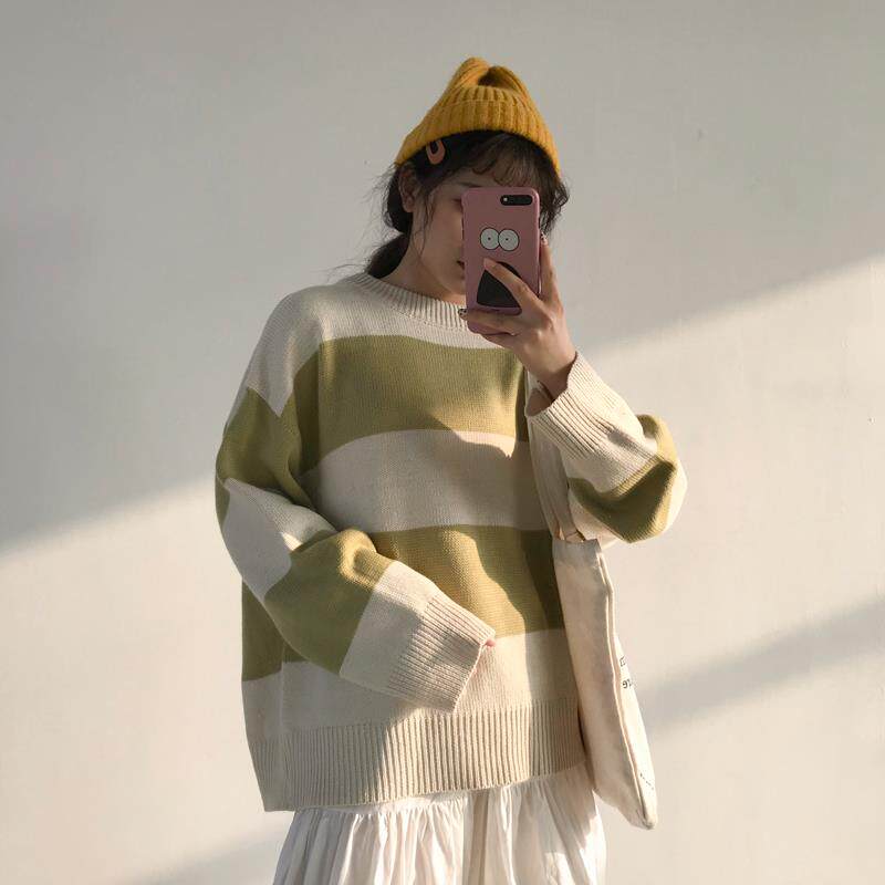 2018冬季女装韩版慵懒风宽松撞色大条纹套头宽松毛衣针织衫潮上衣|ruв категории Женская одежда, свитер - от Buy2taobao.com для оказания профессиональной услуги покупки агента Taobao
