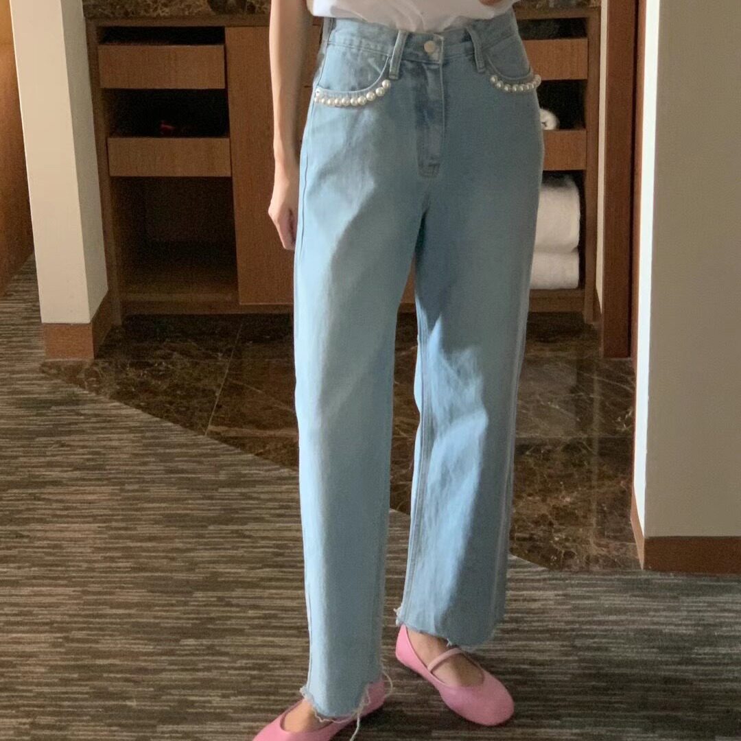 现货 简约珍珠直筒撕边牛仔裤