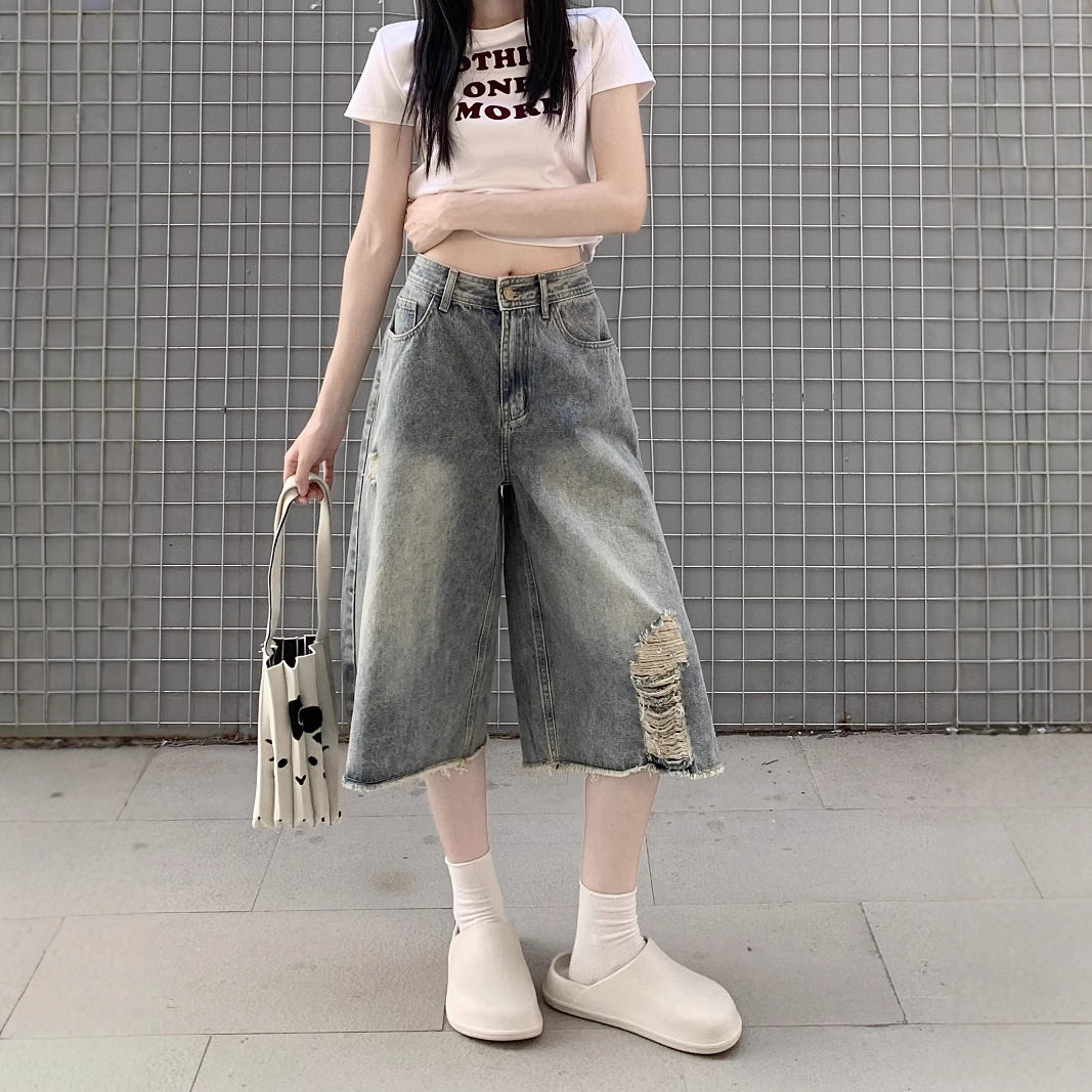 女式破洞直筒牛仔七分短裤女baggy风设计感水洗做旧宽松阔腿中裤