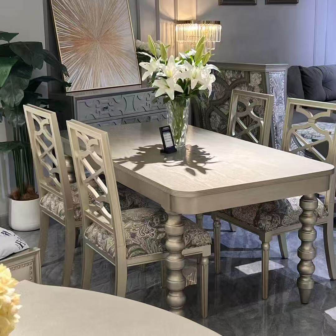 美式轻奢实木餐桌椅组合香槟色餐桌椅莫里印象长方形餐桌