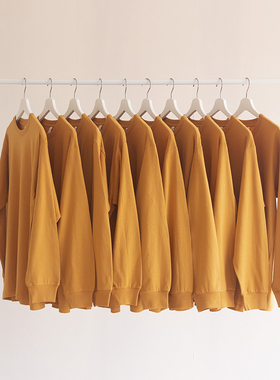 250g姜黄色纯棉长袖T恤男圆领纯色打底衫女bf风情侣宽松体恤潮