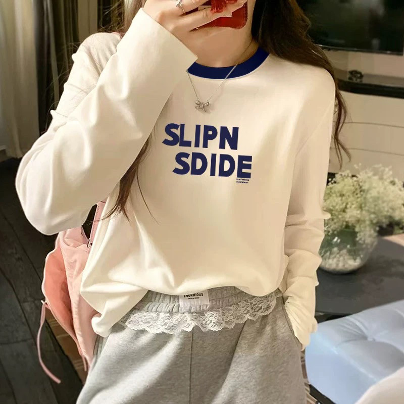 韩版宽松长袖T恤女2026年春秋新款薄款纯棉打底衫内搭大码设计感图片