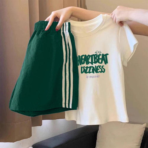 舒服100%纯棉休闲运动套装夏季新款宽松短袖上衣阔腿短裤两件套装