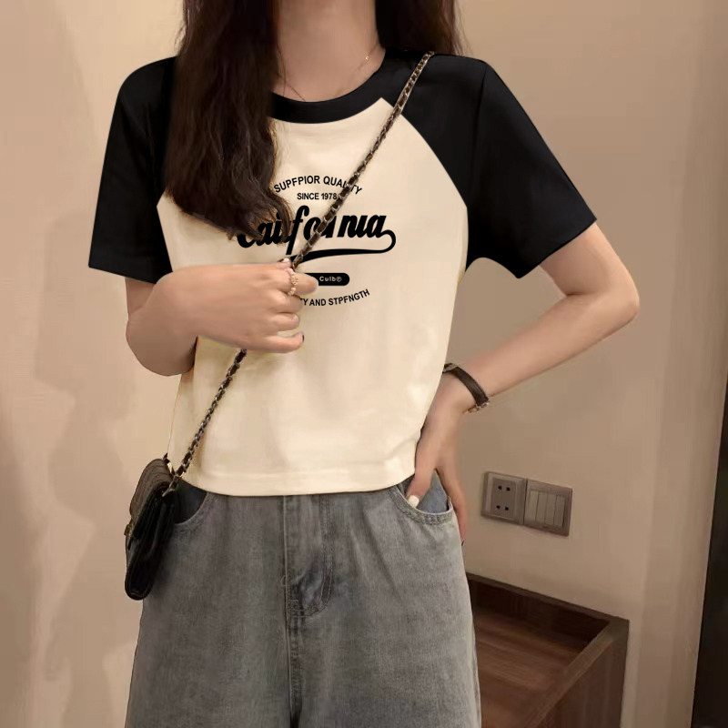 个性短款高腰小个子上衣女夏季2026新款微胖微宽松短袖T恤插肩袖图片