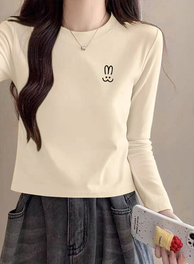 高档简约正肩修身长袖t恤女短款上衣纯棉2025新款春秋内搭打底衫