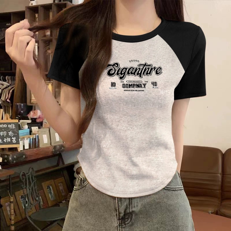 小个子微胖显瘦短袖t恤女夏季新款韩版修身百搭上衣弧形小众别致图片