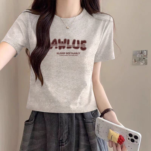 漂亮简约灰色短款正肩短袖T恤女卡腰搭配阔腿裤精致上衣夏季新款