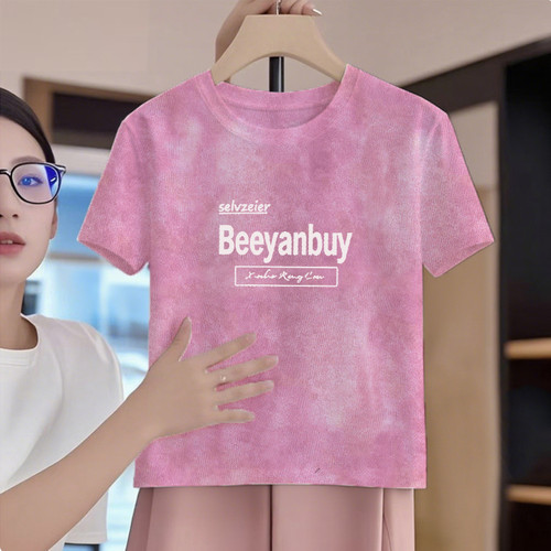 2026新款扎染正肩粉色短袖t恤女夏季修身显瘦短款辣妹小个子上衣