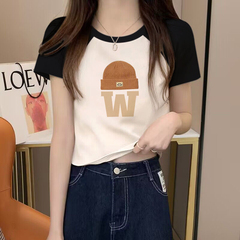 法式小个子短袖t恤女黑色拼接2025新款夏季短款上衣时尚洋气时髦