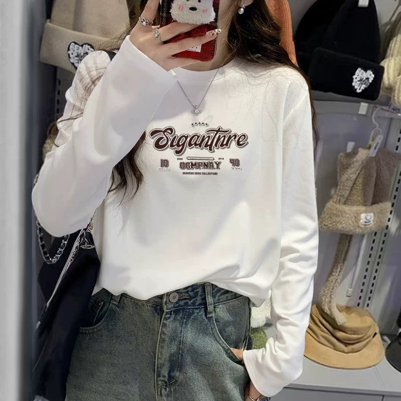 春秋薄款圆领纯棉长袖T恤女2026新款韩版宽松上衣纯色内搭打底衫图片