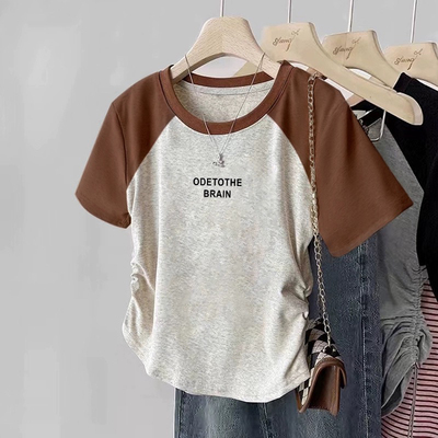 欧货女装小个子修身卡腰小上衣夏季新款ins短款精致咖啡色短袖t恤