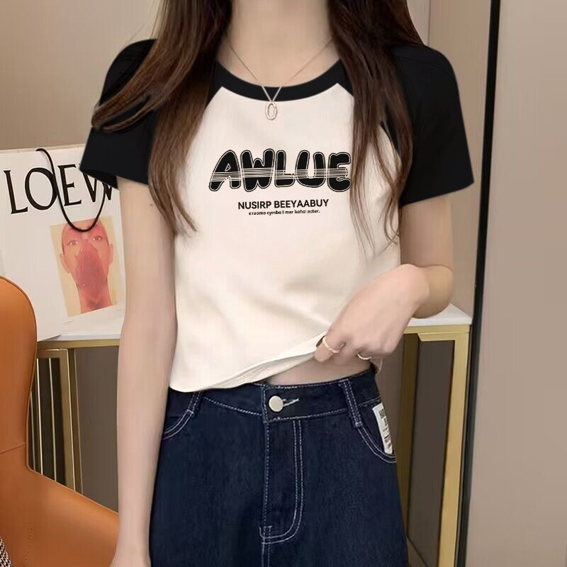 法式正肩小个子短款短袖女t恤2025年新款洋气卡腰上衣设计感小众