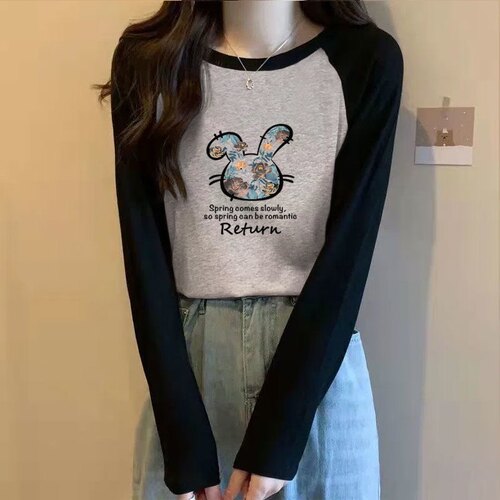 秋季新款灰色纯棉长袖T恤女大码圆领内搭打底衫宽松显瘦小众上衣