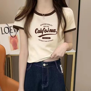 上衣 杏色短袖 t恤女纯棉2025夏季 新款 设计感小众印花遮肉显瘦短款