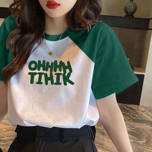 绿色拼接纯棉短袖t恤女2026新款撞色宽松显瘦小众时髦洋气上衣ins